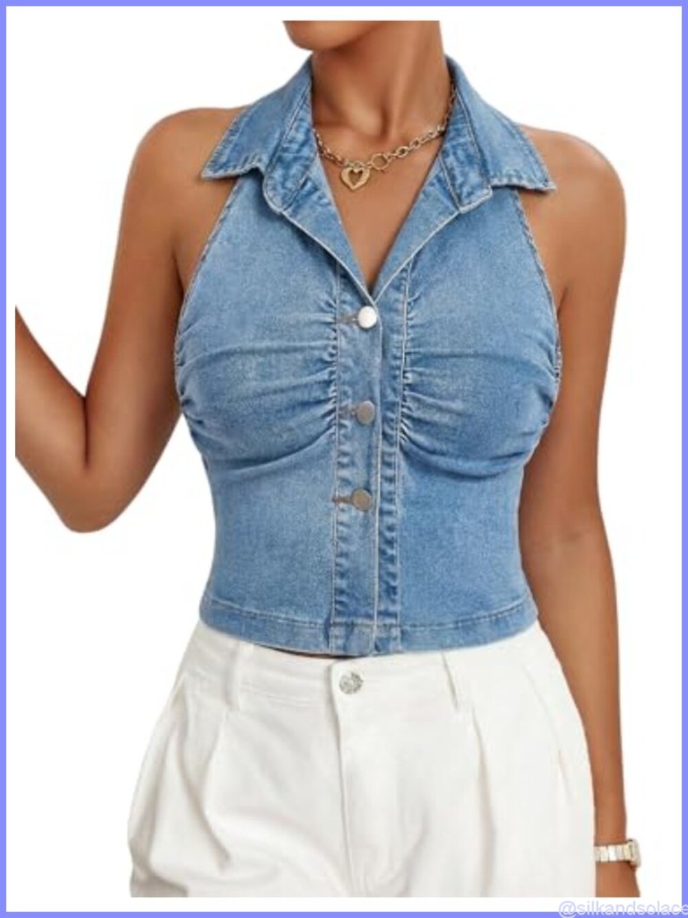 Women's Sleeveless Denim Corset Top Cowl Neck Backless Ruched